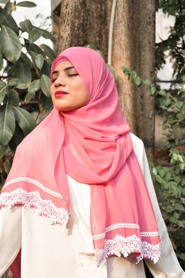 Pink Georgette Chiffon Lace Hijab 4