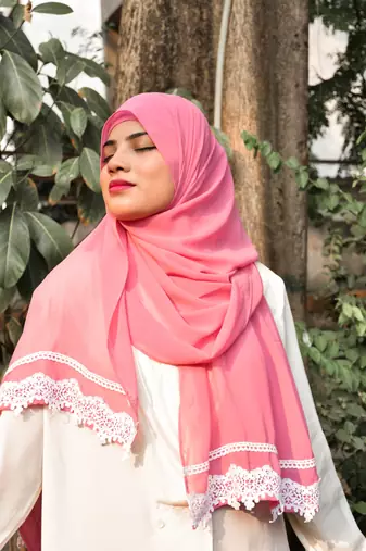 Pink Georgette Chiffon Lace Hijab