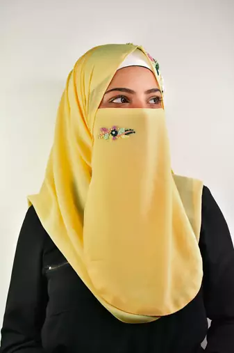 yellow threadwork partywear| wedding| bridal handwork hijab with naqab
