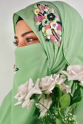 pista green threadwork partywear| wedding| bridal handwork hijab with naqab 1