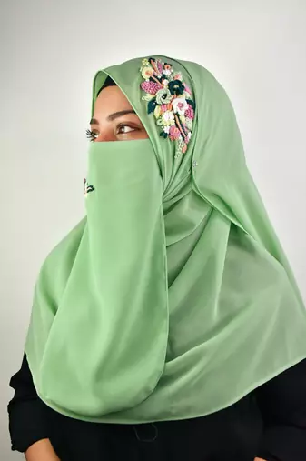 pista green threadwork partywear| wedding| bridal handwork hijab with naqab