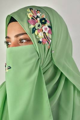 pista green threadwork partywear| wedding| bridal handwork hijab with naqab 3