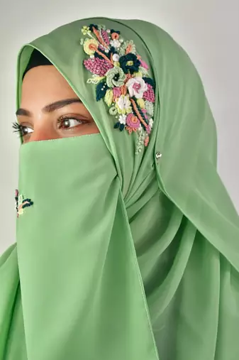 pista green threadwork partywear| wedding| bridal handwork hijab with naqab