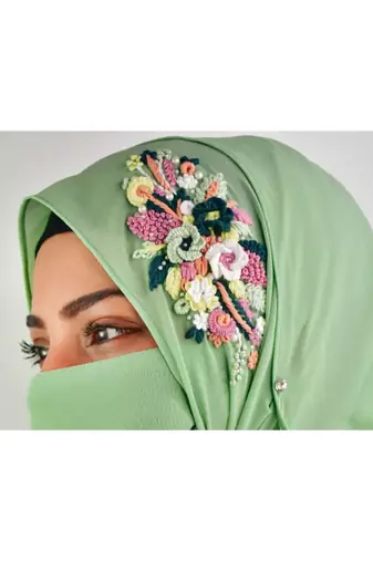 pista green threadwork partywear| wedding| bridal handwork hijab with naqab