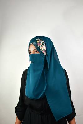 teal threadwork partywear| wedding| bridal handwork hijab with naqab 1