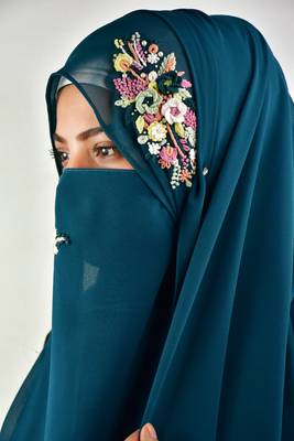 teal threadwork partywear| wedding| bridal handwork hijab with naqab 2