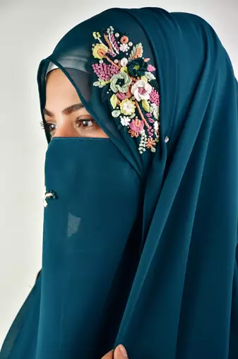 teal threadwork partywear| wedding| bridal handwork hijab with naqab