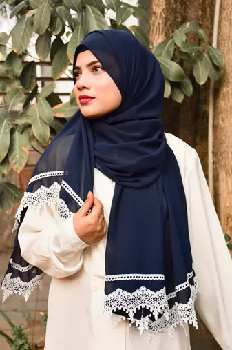 Navy Blue Georgette Hijab with Lace