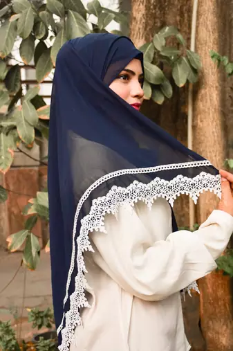 Navy Blue Georgette Hijab with Lace