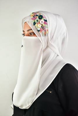 white threadwork partywear| wedding| bridal handwork hijab with naqab 2