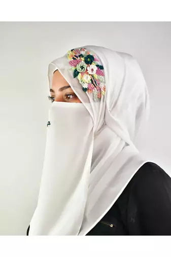 white threadwork partywear| wedding| bridal handwork hijab with naqab