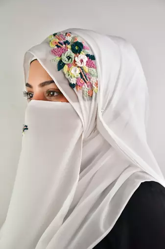 white threadwork partywear| wedding| bridal handwork hijab with naqab