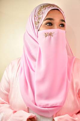 Baby Pink Georgette Golden Beads Embroidered Hijab 1
