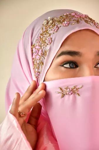 Baby Pink Georgette Golden Beads Embroidered Hijab