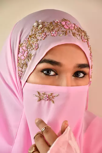 Baby Pink Georgette Golden Beads Embroidered Hijab