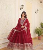 Maroon Color Designer Trending  Georgette Gown-Dupatta Collection With Sequins Embroidered Work
