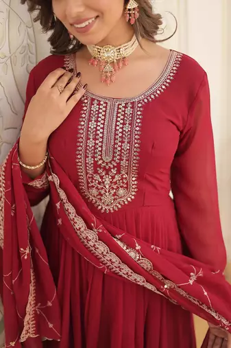 Maroon Color Designer Trending Georgette Gown Dupatta Collection With Sequins Embroidered Work