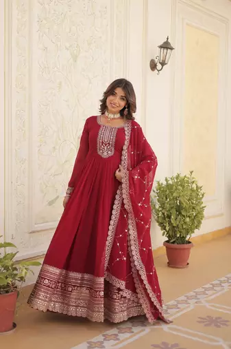 Maroon Color Designer Trending Georgette Gown Dupatta Collection With Sequins Embroidered Work