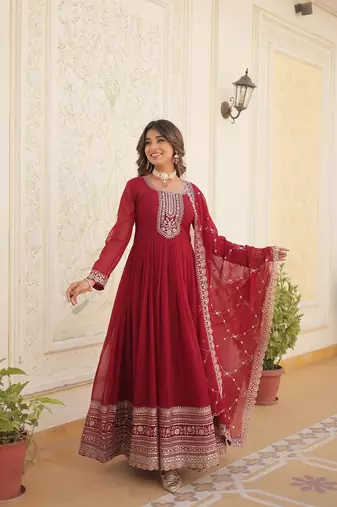 Maroon Color Designer Trending Georgette Gown Dupatta Collection With Sequins Embroidered Work