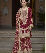 Maroon chinon heavy embroidery wedding palazzo suits