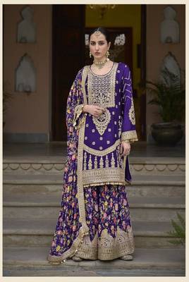 Blue chinon heavy embroidery wedding palazzo suits 1