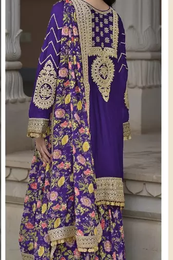 Blue chinon heavy embroidery wedding palazzo suits