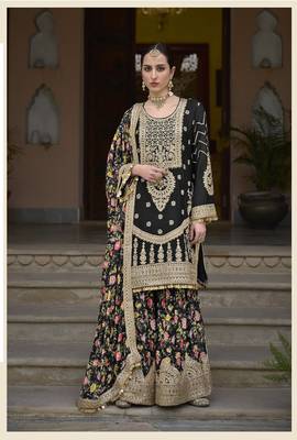 Black chinon heavy embroidery wedding palazzo suits 1