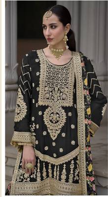 Black chinon heavy embroidery wedding palazzo suits 2