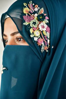 teal threadwork partywear| wedding| bridal handwork hijab with naqab 4