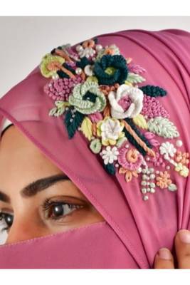 pink  threadwork partywear| wedding| bridal handwork hijab with naqab 4