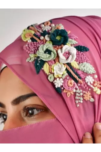 pink  threadwork partywear| wedding| bridal handwork hijab with naqab