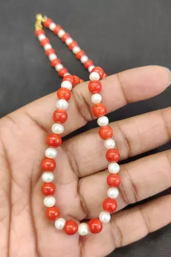 Taiwan coral with natural fresh water pearls necklace