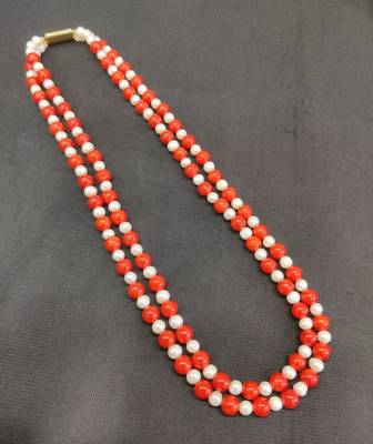 Taiwan coral with natural fresh water pearls necklace 2