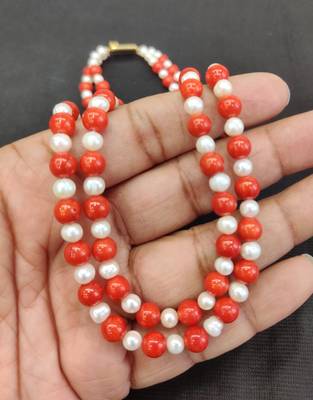 Taiwan coral with natural fresh water pearls necklace 3