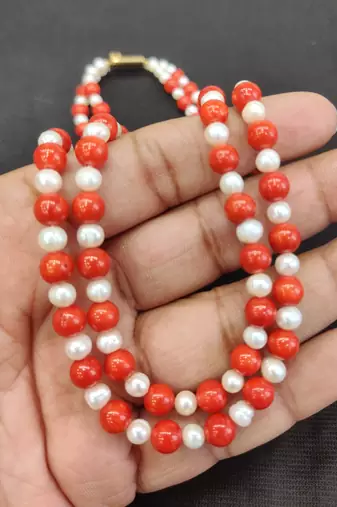 Taiwan coral with natural fresh water pearls necklace