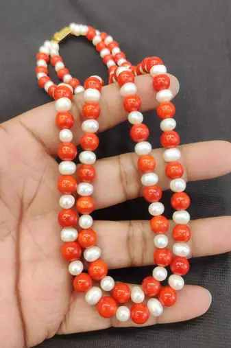 Taiwan coral with natural fresh water pearls necklace