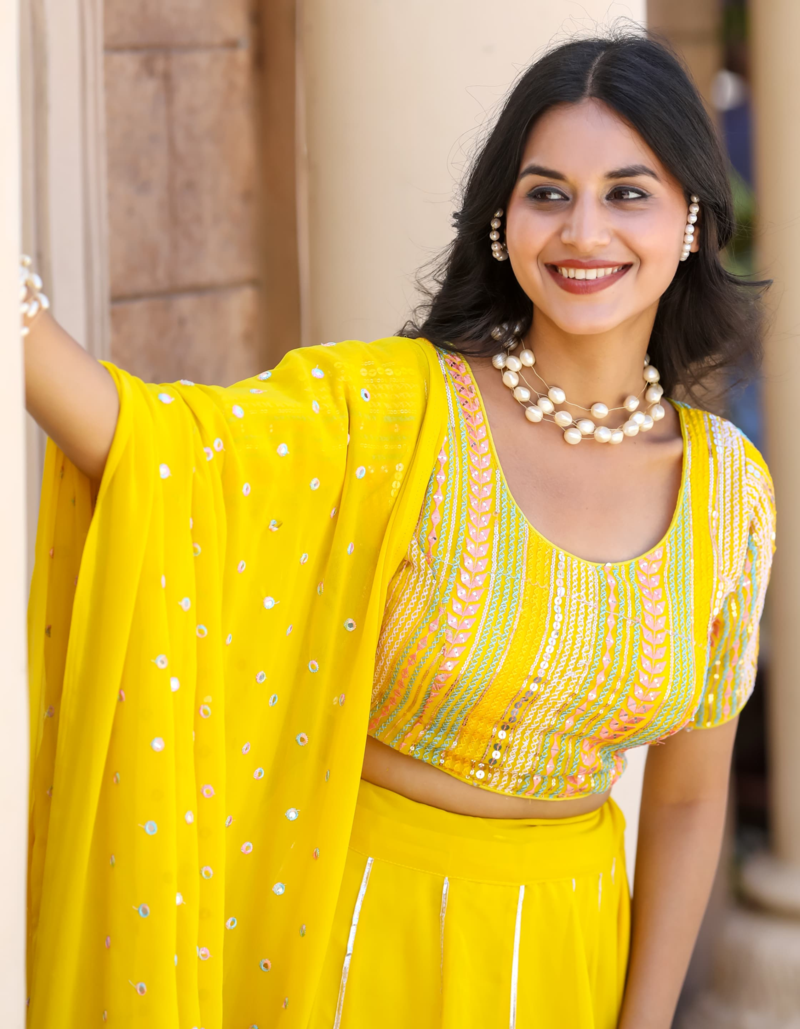 YELLOW Color Heavy Fox Georgette With Resham Work Lehenga Choli