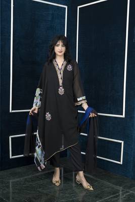 Nikhaar black embroidered georgette stitched trouser kurta & dupatta  1