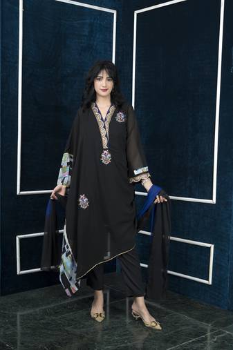 Nikhaar black embroidered georgette stitched trouser kurta & dupatta 