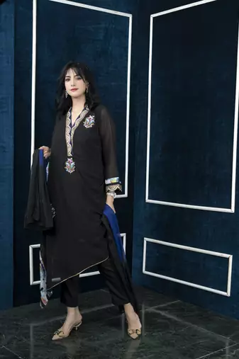 Nikhaar black embroidered georgette stitched trouser kurta & dupatta 