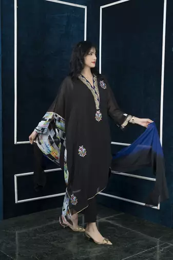 Nikhaar black embroidered georgette stitched trouser kurta & dupatta 