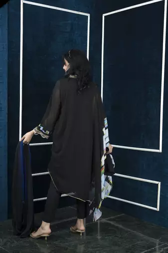 Nikhaar black embroidered georgette stitched trouser kurta & dupatta 