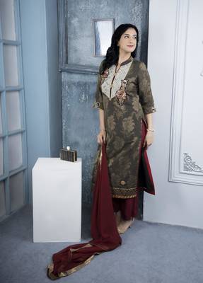 Nikhaar brown embroidered silk stitched palazzo kurta & dupatta  1