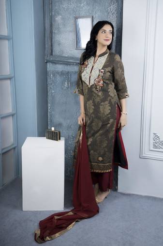 Nikhaar brown embroidered silk stitched palazzo kurta & dupatta 