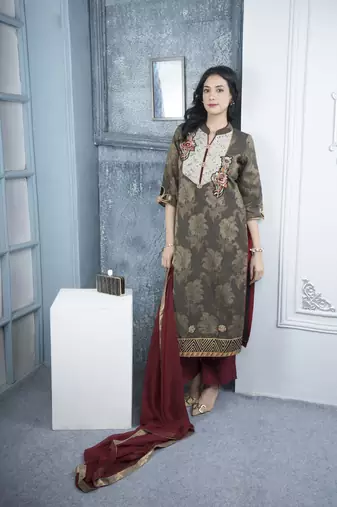 Nikhaar brown embroidered silk stitched palazzo kurta & dupatta 