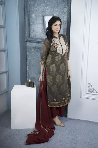 Nikhaar brown embroidered silk stitched palazzo kurta & dupatta 