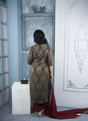 Nikhaar brown embroidered silk stitched palazzo kurta & dupatta  5