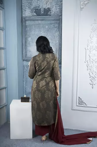 Nikhaar brown embroidered silk stitched palazzo kurta & dupatta 