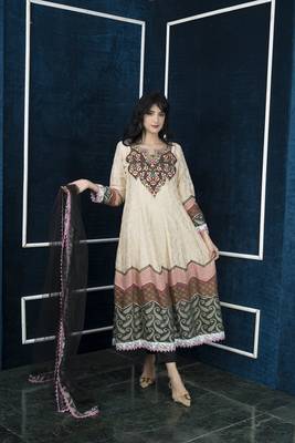 Nikhaar beige embroidered silk stitched trouser kurta & dupatta  1