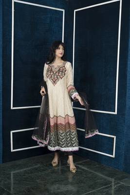 Nikhaar beige embroidered silk stitched trouser kurta & dupatta  3